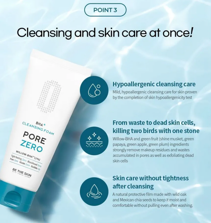 BE THE SKIN BHA+ Pore Zero Cleansing Foam | Willow-BHA™ Purifying Cleanser | 150 g
