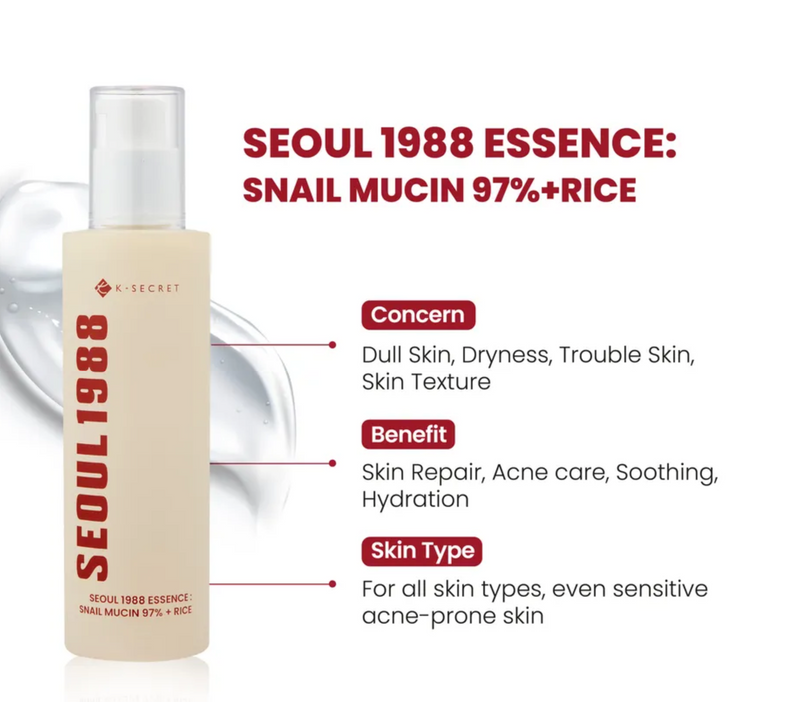 KSECRET Seoul 1988 Essence: Snail Mucin 97% + Rice | Repair & Brightening Essence | 100ml