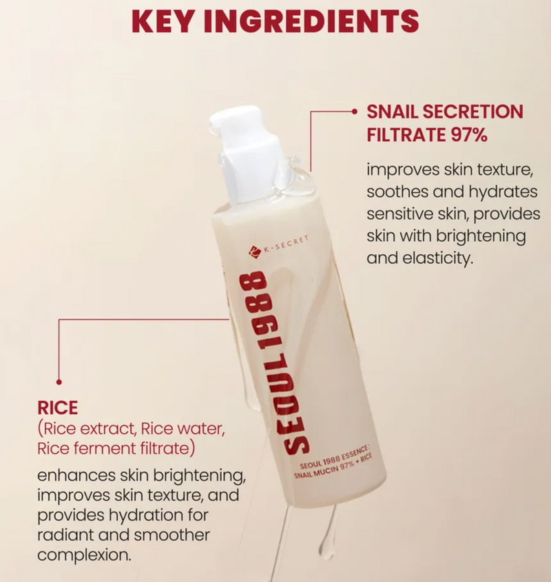 KSECRET Seoul 1988 Essence: Snail Mucin 97% + Rice | Repair & Brightening Essence | 100ml