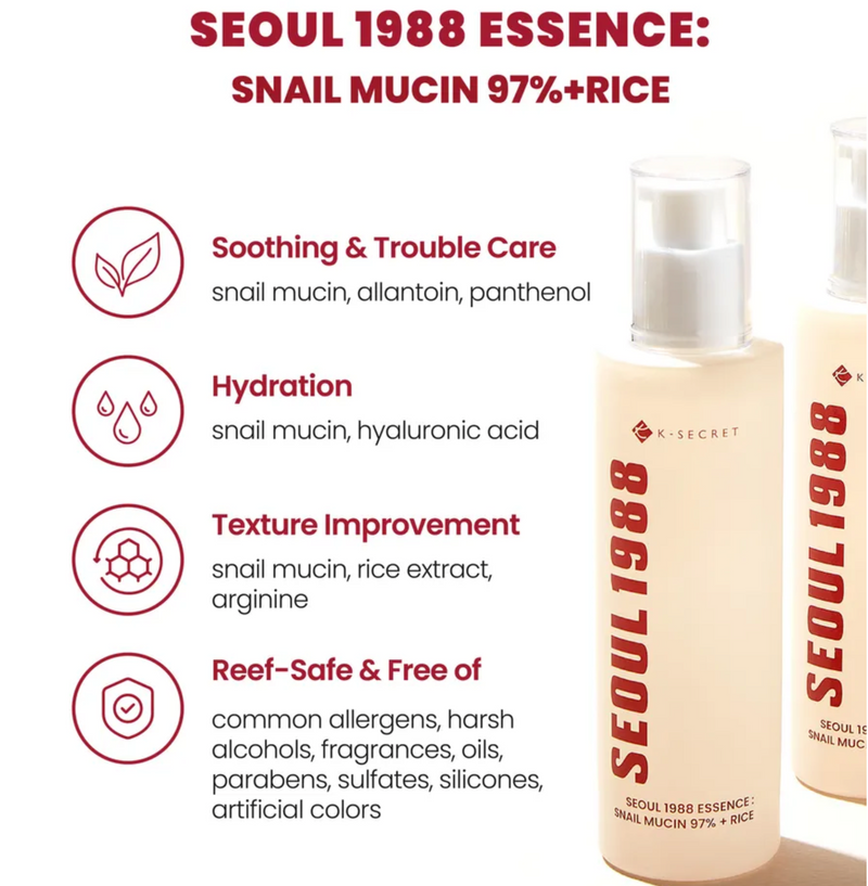 KSECRET Seoul 1988 Essence: Snail Mucin 97% + Rice | Repair & Brightening Essence | 100ml